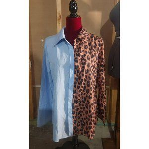 Basico Women's Pullover 2 Fabric Leopard and Blue Blouse Print Size XL